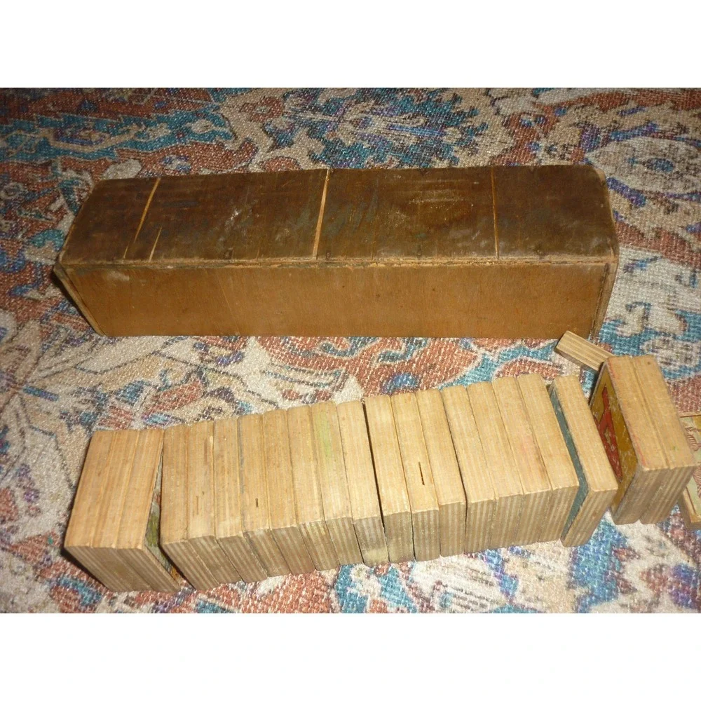Antique Wood Alphabet Animal Spelling Tiles in Dovetailed Wooden Box Incomplete